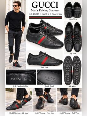 Gucci Men’s Black Leather Web Stripe Driving Sneakers Loafers Size 10 G Italy